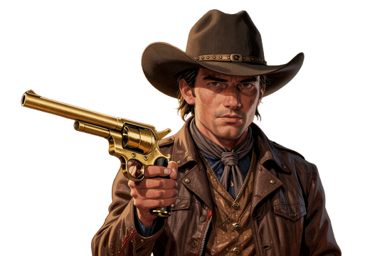 Westernheld mit goldenem Revolver aus dem Slot Wanted Dead or a Wild von Hacksaw