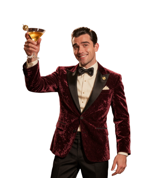 SlotLounge Hausgastgeber Leon hebt einen goldenen Cocktail in der Lounge-Bar